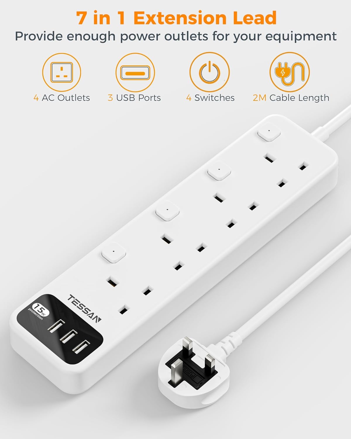 Tessan Πολύπριζο 4 Θέσεων 3 USB-A 2μ 13A TS-B204
