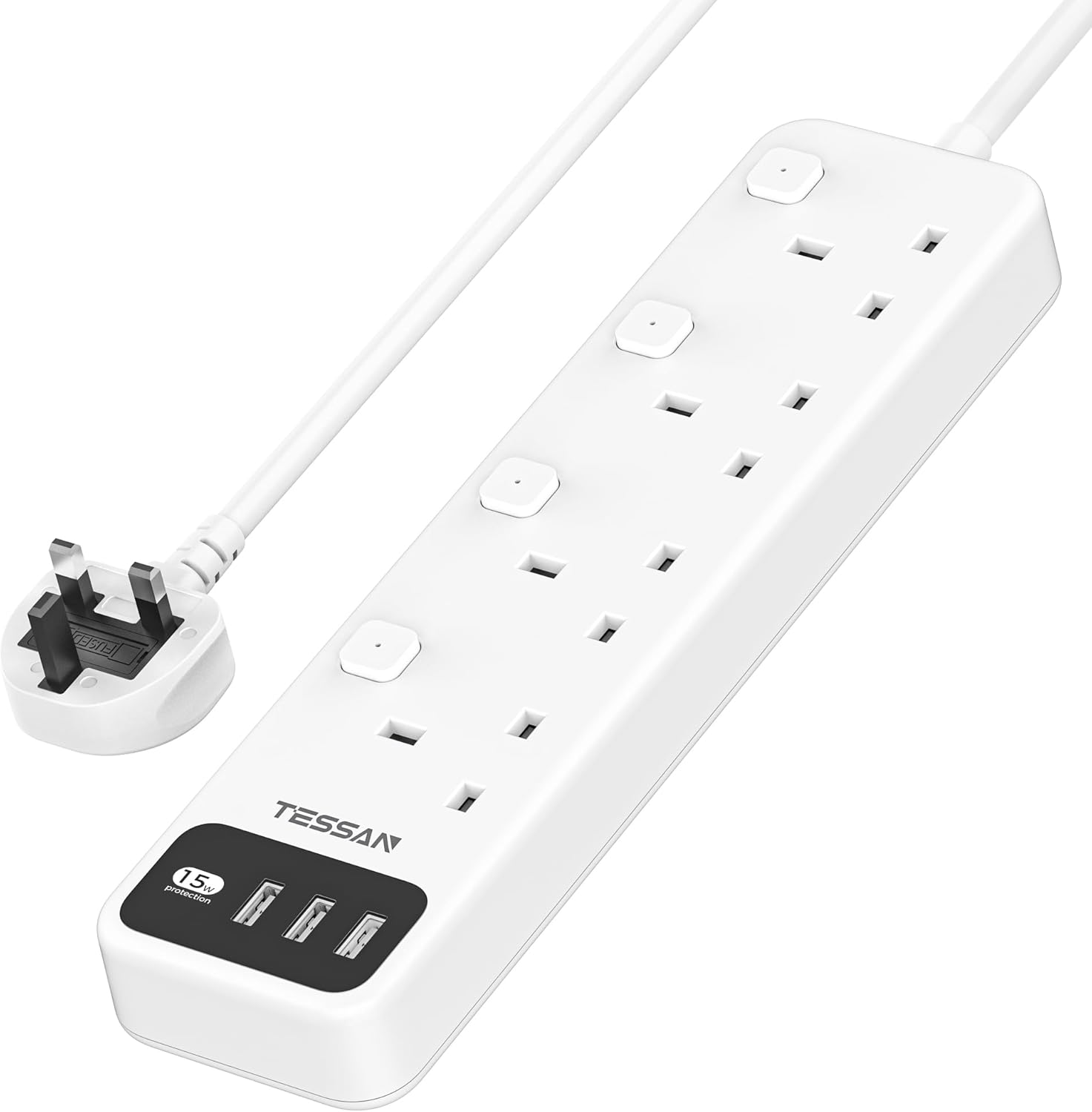 Tessan Πολύπριζο 4 Θέσεων 3 USB-A 2μ 13A TS-B204