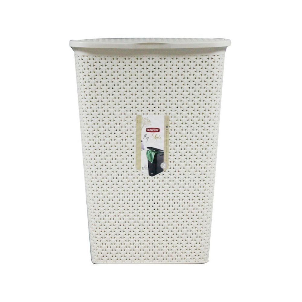 Curver Rattan Καλάθι Απλύτων 55L, Off White, με Καπάκι, Αεριζόμενο &amp; Ανθεκτικό
