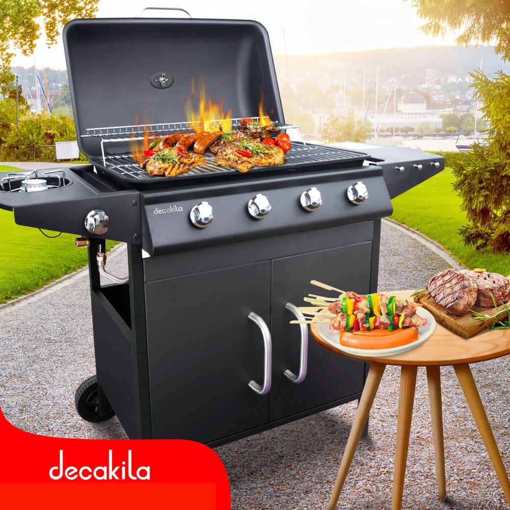 Decakila Μπάρμπεκιου Aερίου 13,9kW με 4 Καυστήρες, 1 Πλευρικός Καυστήρα Θερμόμετρο & Χώρο Αποθήκευσης, Μαύρο