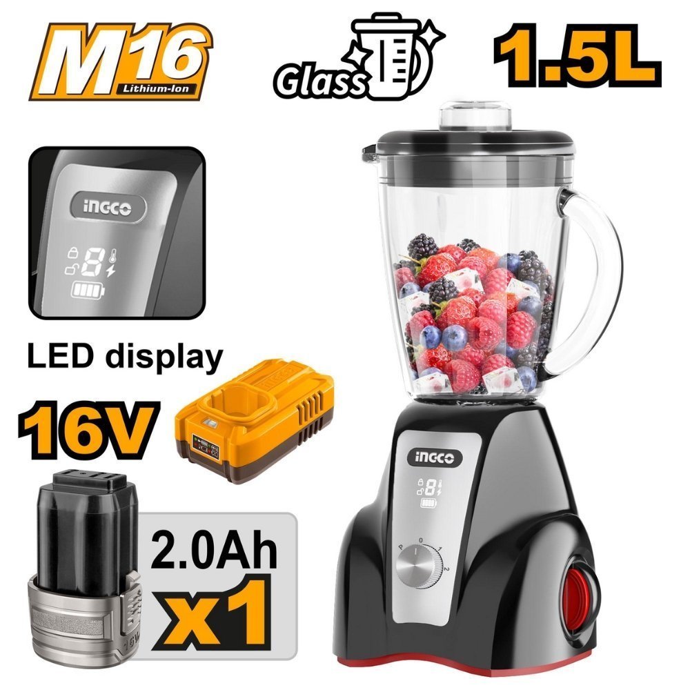 INGCO Ασύρματο Σετ Μπλέντερ Μπαταρίας 1.5L 16V 300W με Μπαταρία και Φορτιστή