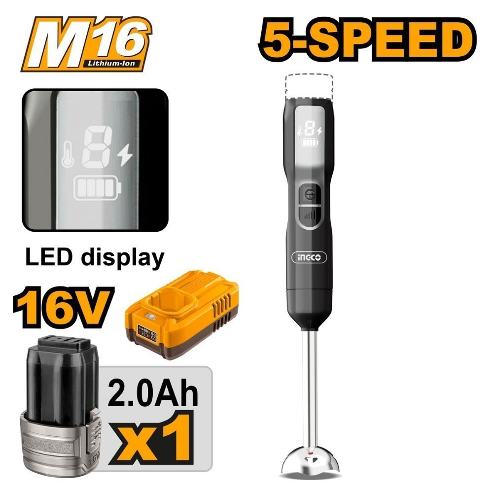INGCO Σετ Μπλέντερ Χειρός Μπαταρίας 16V 100W με Μπαταρία και Φορτιστή