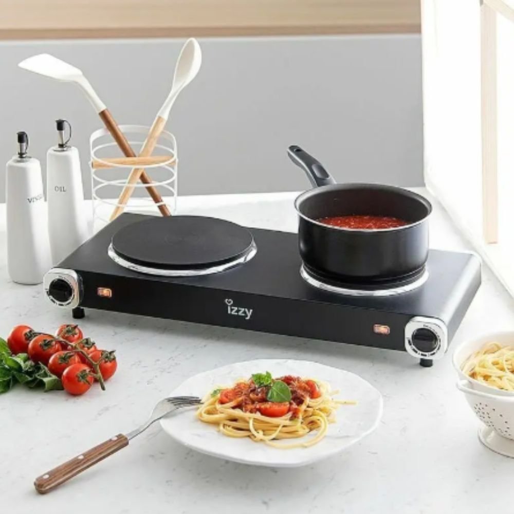IZZY Φορητή Επιτραπέζια Διπλή Εστία Εμαγιέ 2500W με Ρυθμιζόμενους Θερμοστάτες Μαύρο