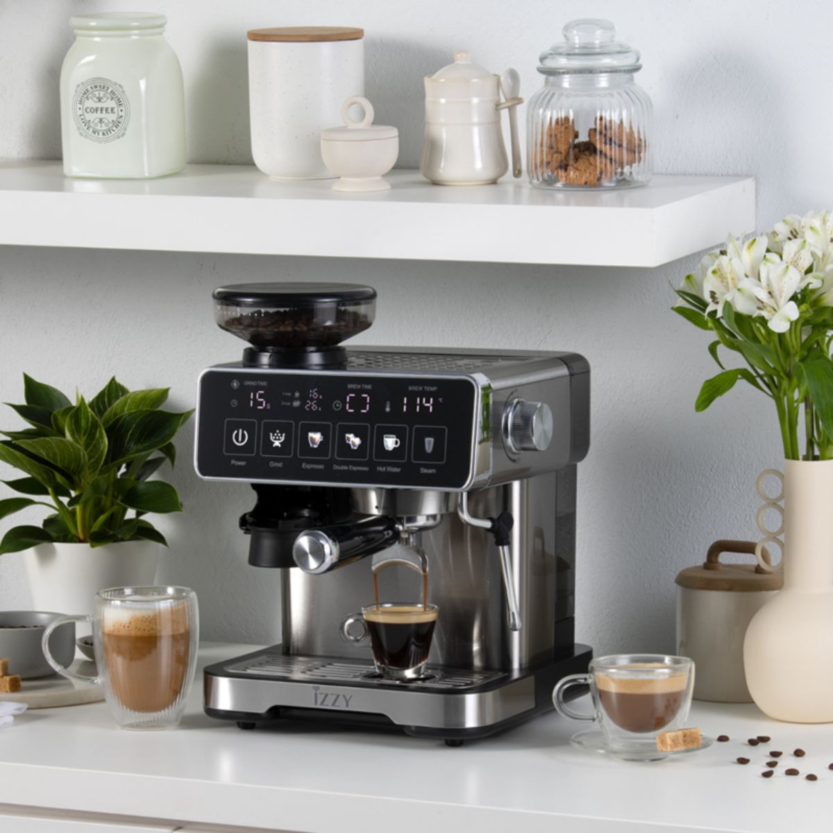 IZZY Ημιαυτόματη Μηχανή Espresso Home Barista 20 Bar με Μύλο Καφέ,  20 Ρυθμίσεις Άλεσης και Αφαιρούμενο Δοχείο Νερού 2L IZ-6026