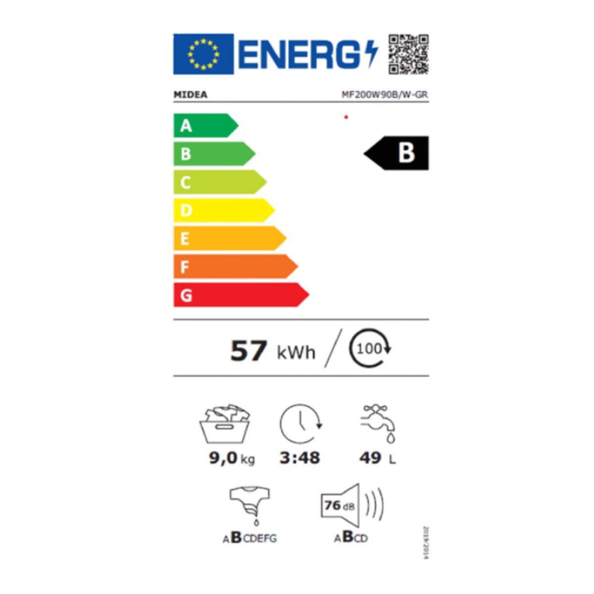 Midea Πλυντήριο Ρούχων 9Kg με Steam Care, Turbo Wash, Wi-Fi & 1400 Στροφές MF200W90B/W-GR Λευκό