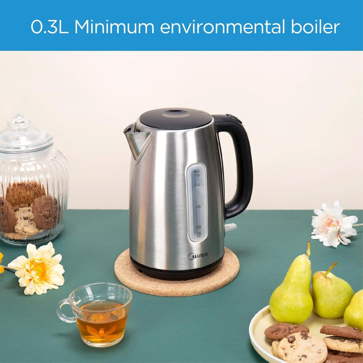MIDEA Ηλεκτρικός Βραστήρας 1.7L 2200W Inox με Auto Shut-Off & Περιστρεφόμενη Βάση 360° MK-17S30D2