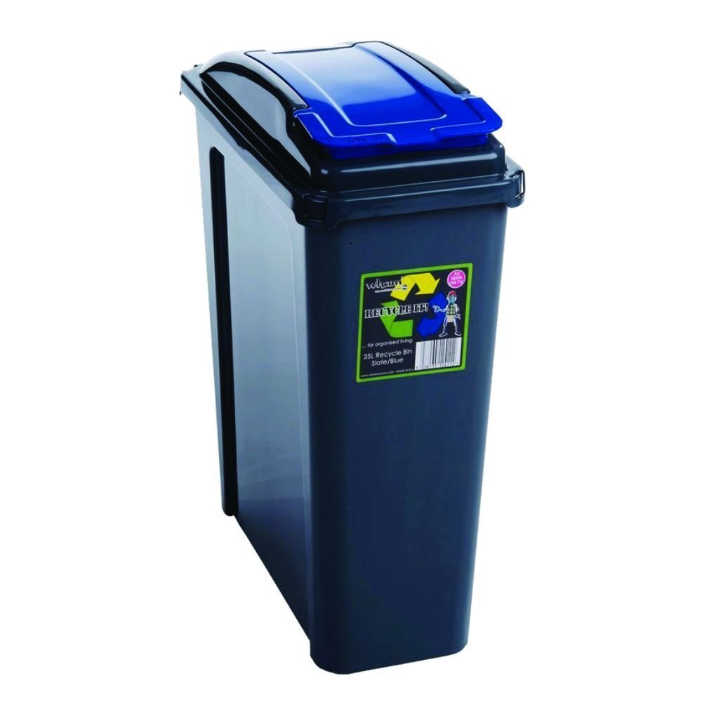 Κάδος Ανακύκλωσης 25L Slimline με Καπάκι &amp; Πλαϊνές Λαβές, Μπλε Καπάκι, Ανθεκτικός Πλαστικός Κάδος για Οικιακή ή Επαγγελματική Χρήση