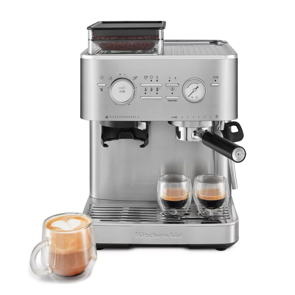 KitchenAid Ημιαυτόματη Μηχανή Espresso 15bar με Μύλο Άλεσης, Δοχείο Κόκκων και 15+7 Ρυθμίσεις 5KES6551BSX Inox
