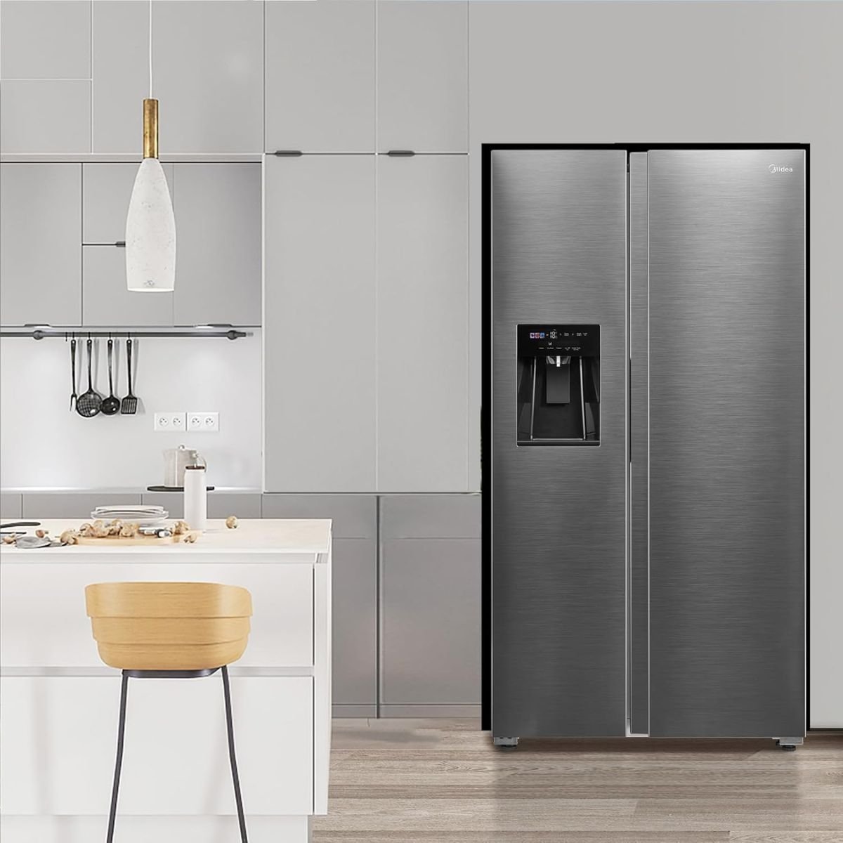Midea Ψυγείο Side by Side 573L Dual Inverter Total No Frost με Smart+ Cooling, Διανομέα Νερού & Πάγου (Χωρίς Σύνδεση Νερού), Inox MDRS761MYC46