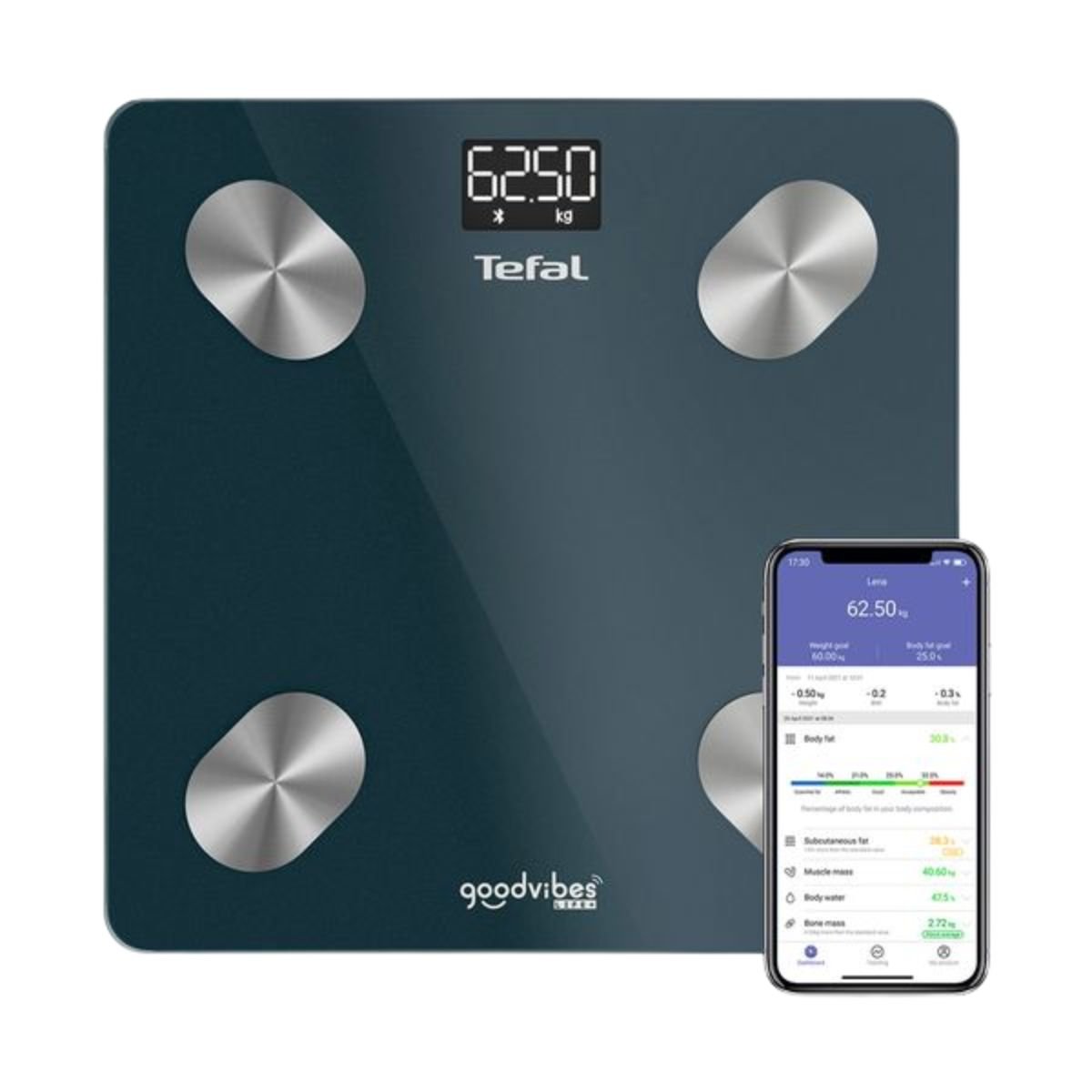 TEFAL Goodvibes Life+ Έξυπνη Ζυγαριά Μπάνιου Bluetooth έως 180kg με 10 Δείκτες Μέτρησης BM9620 Μπλε
