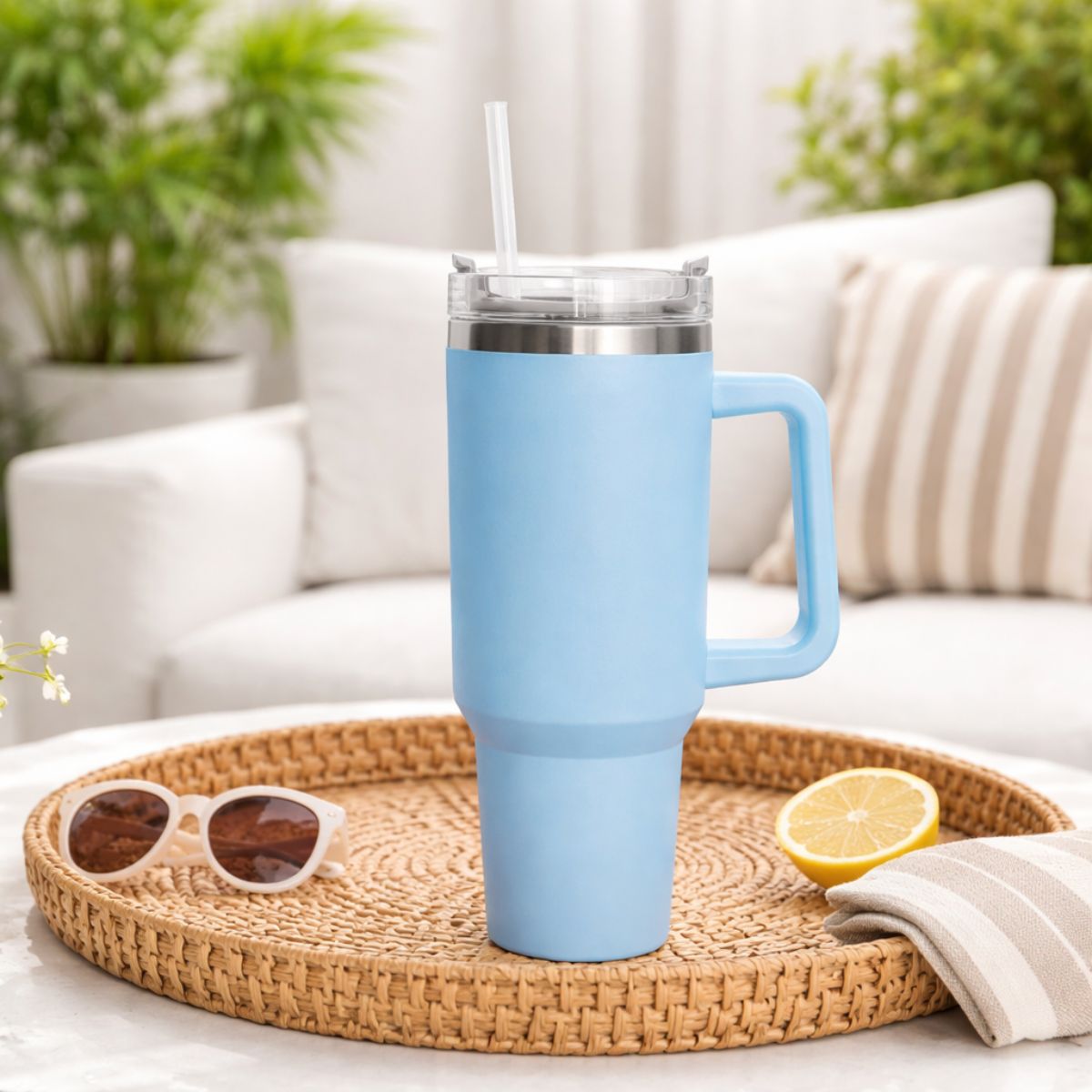 Θερμός Ποτήρι Ταξιδιού 1200ml με Χερούλι & Καλαμάκι Γαλάζιο