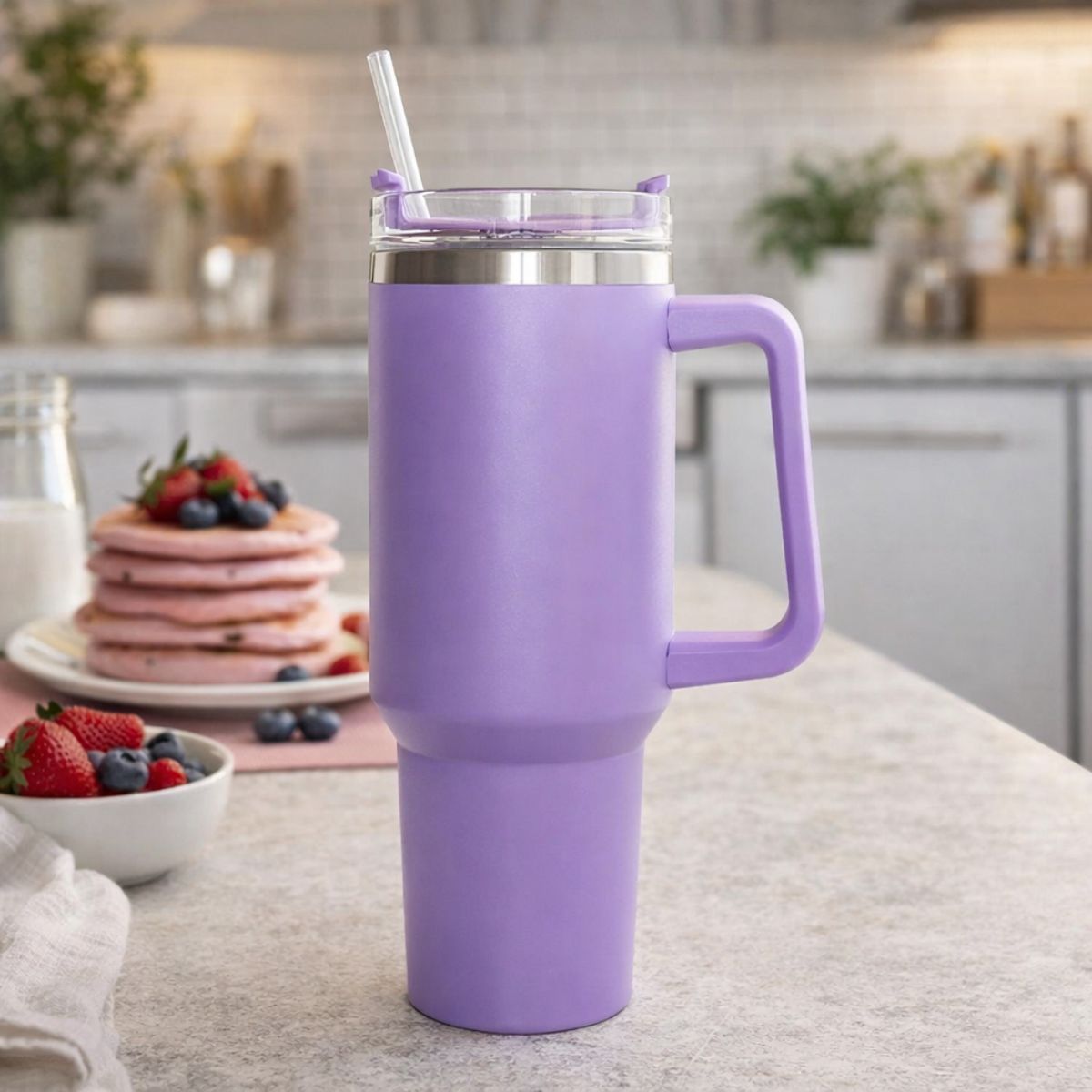 Θερμός Ποτήρι Ταξιδιού 1200ml με Χερούλι & Καλαμάκι Μωβ