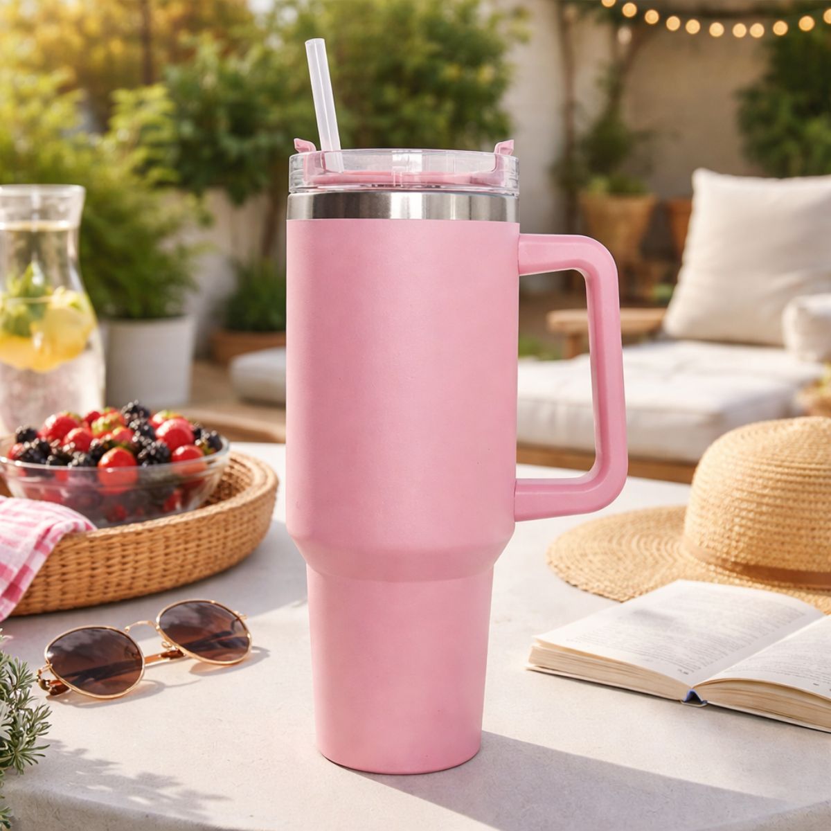 Θερμός Ποτήρι Ταξιδιού 1200ml με Χερούλι & Καλαμάκι Ροζ