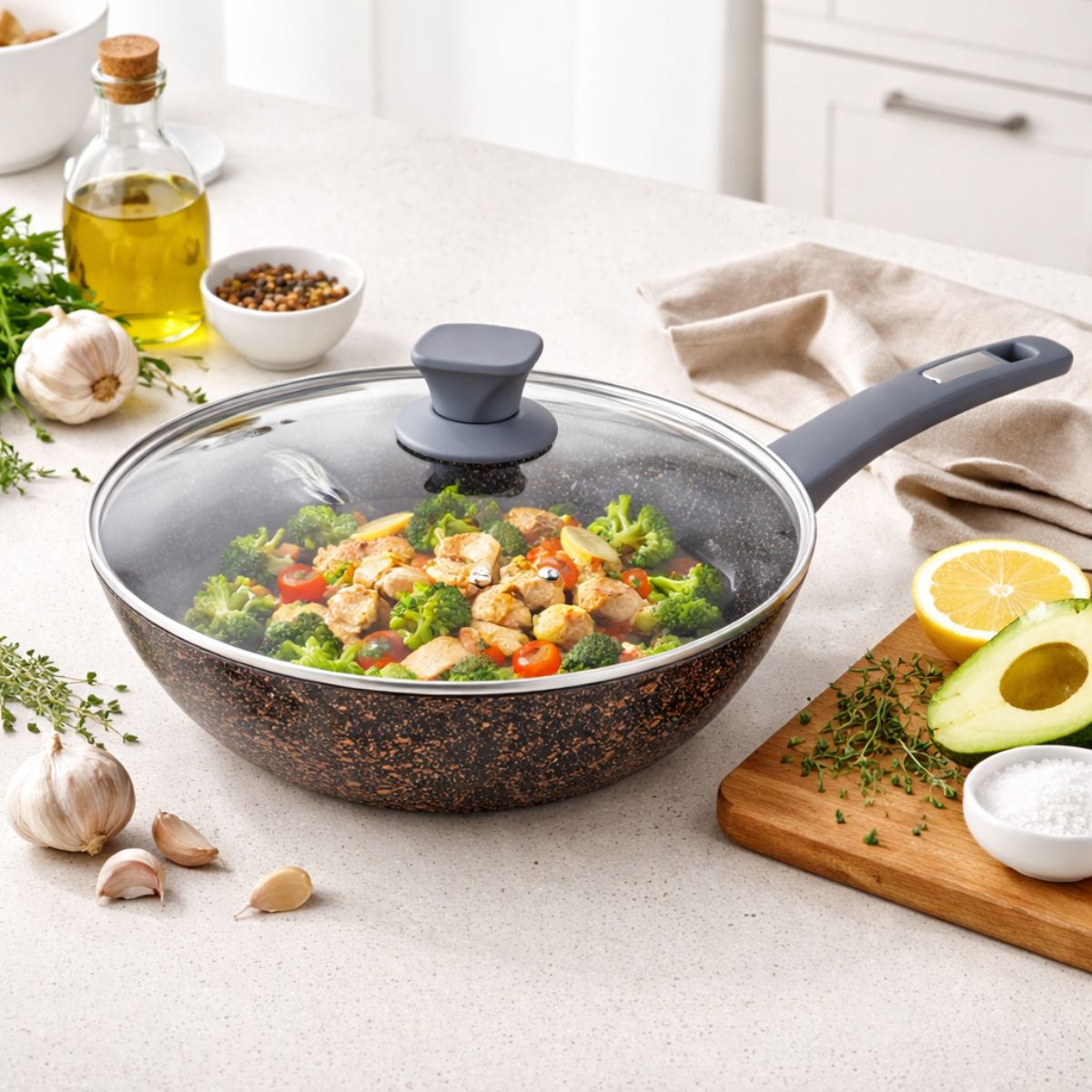 ELECTRA WOK Κεραμικό 28 cm με Γυάλινο Καπάκι & Αντικολλητική Επίστρωση, Σκούρο Γρανιτέ Φινίρισμα